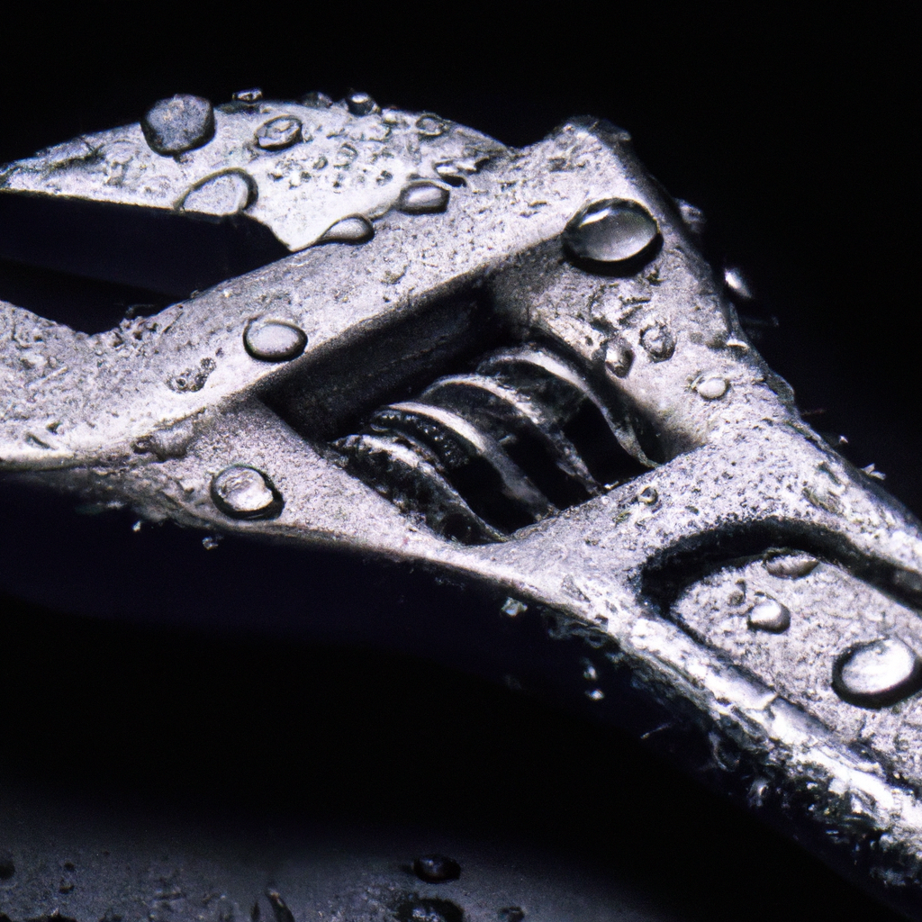 Shiny plumbing wrench with water droplets on dark background